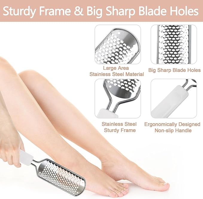 OWIIZI Foot File Pedicure Foot Scrubber for Callus Remover, Stainless Steel Foot Exfoliator Grater Feet Rasp Scraper Hard Cracked Dead Skin Removers for Wet and Dry Foot