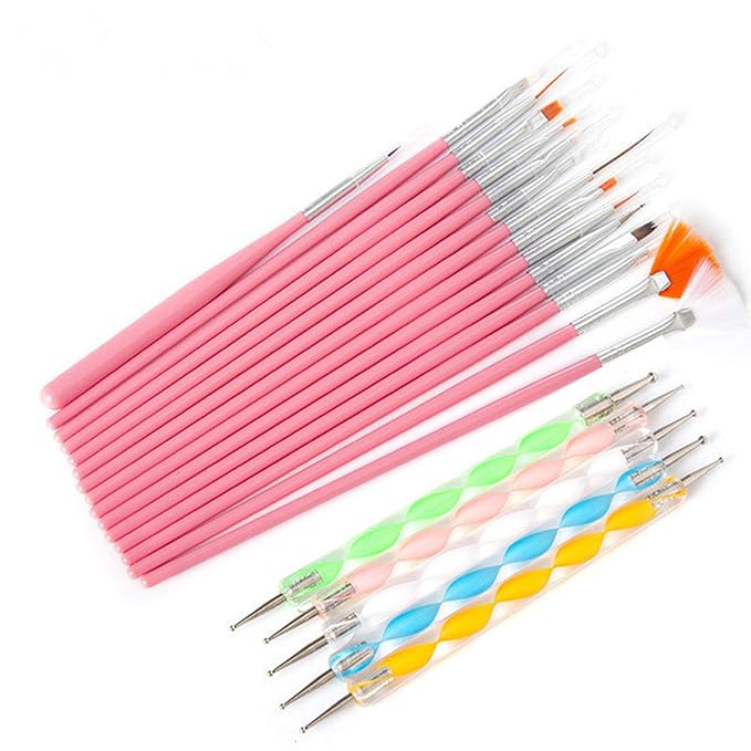 20 Nail Art Brushes with Nail Palette & Tips - Manicure Design Tools
