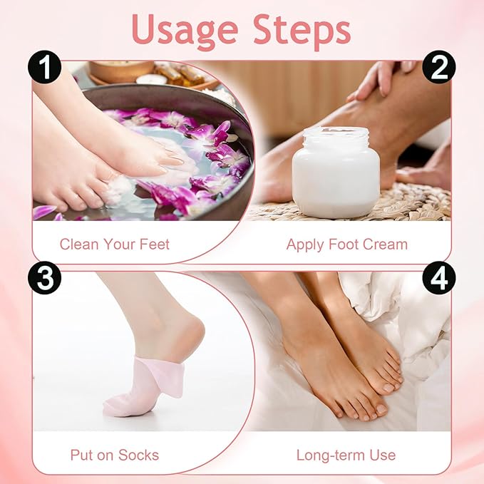 4Pairs Silicone Socks Gloves Set for Dry Cracked Feet and Hands, Anti Slip Soft Feet Moisturizer Socks Moisturizing Gloves for Softening, Care After Pedicure (Pink, Nude)
