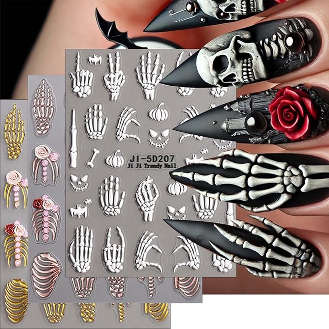 ONPRESS 6Sheet Halloween Nail Stickers 5D Embossed Skeleton Skull Nail Art Stickers Pink Hand Bone Rose Flower Nail Decals Self-Adhesive Gothic Scary Gold Nail Decor Manicure Accessories for Holiday