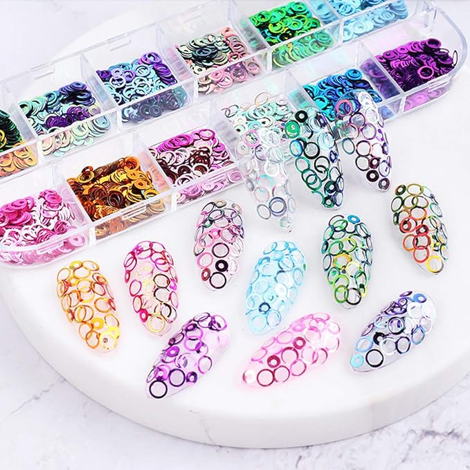 12 Colors Laser Circle Nail Glitter Sequins 3D Nail Art Decor Holographic Round Shape Flakes Nail Shiny Design Acrylic Nails Supplies Women Girls Manicure Nail Charms Decor DIY Crafts Decorations