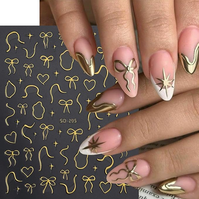4Sheets Gold Silver Bows Nail Art Stickers 3D Cute Red Bows Heart Nail Decals for Acrylic Nails Self-Adhesive Irregular Lines Designs Nail Stickers Love Star Nail Decal for Women DIY Manicure Decor