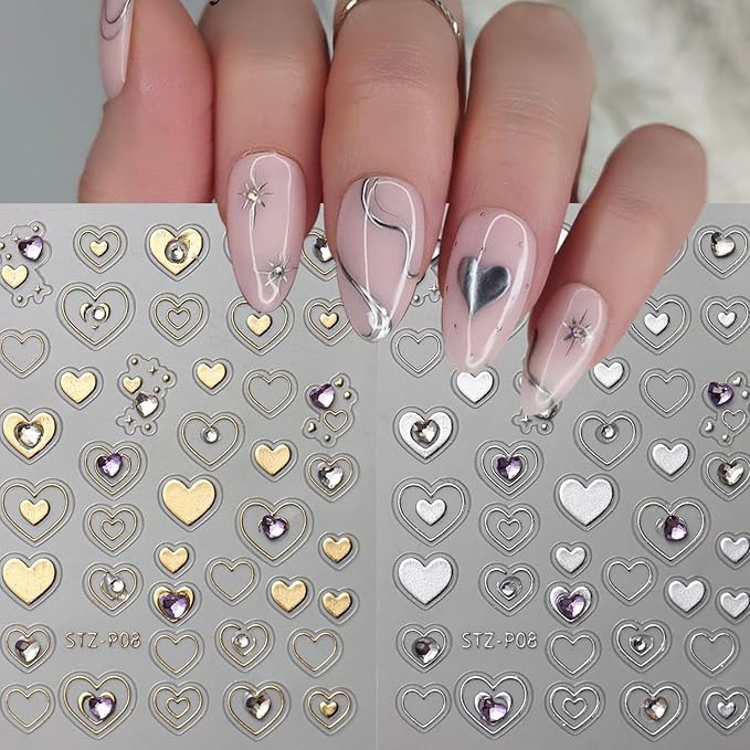 Heart Star Nail Art Stickers Decals, Gold Silver Nail Stickers,Shiny Hollow Love Stars with Diamond Nail Sticker 3D Kawaii DIY Crafts Acrylic Nails Decor for Women Nail Art Supplies 4PCS