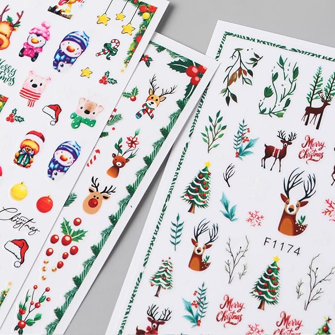 5 Sheets Christmas Nail Art Stickers Elk Nail Decals with Cartoon Xmas Tree Santa Claus Snowman Design 3D Self-Adhesive Nail Stickers Acrylic Nail Supplies for Women DIY Christmas Decorations