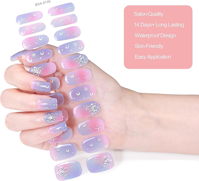No Lamp Gel Nail Strips 44 Pcs Wraps - Gradient Brown + Pink Purple, Easy Apply Gel Nail Stickers Long Lasting, Salon-Quality, 4 Prep Pads, 2 File, 2 Wooden Stick