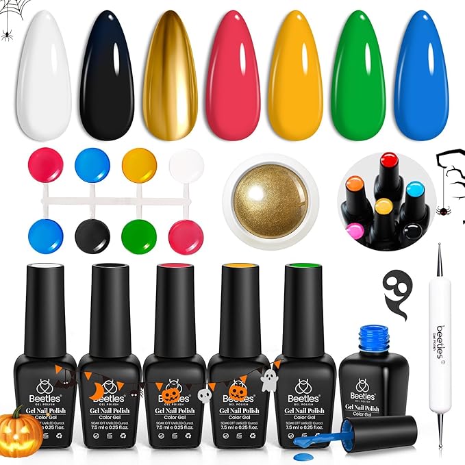 Beetles Gel Nail Polish Set with Golden Chrome, 8 Pcs Blue Green Black White Gel Polish Halloween Nails Set & Chrome Powder Double-ended Brush Soak off Uv Gift for Girls