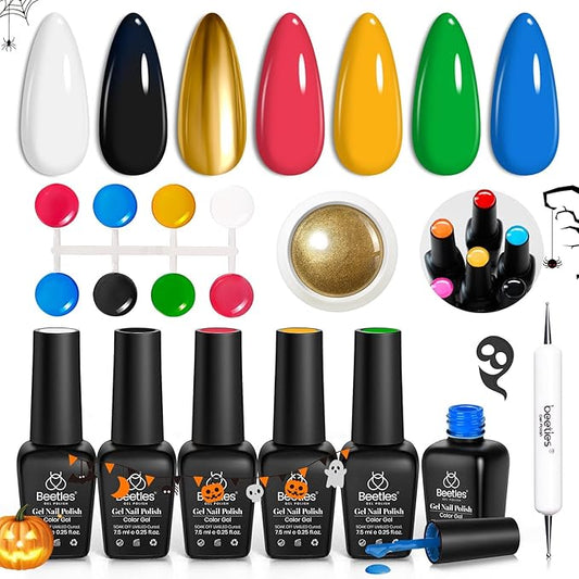 Beetles Gel Nail Polish Set with Golden Chrome, 8 Pcs Blue Green Black White Gel Polish Halloween Nails Set & Chrome Powder Double-ended Brush Soak off Uv Gift for Girls
