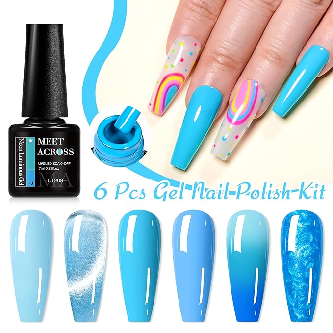 MEET ACROSS Gel Nail Polish Set 6 Pcs Glitter Colors Gel Nail Kit Art Design Soak Off UV LED (SET-10, 6pcs)