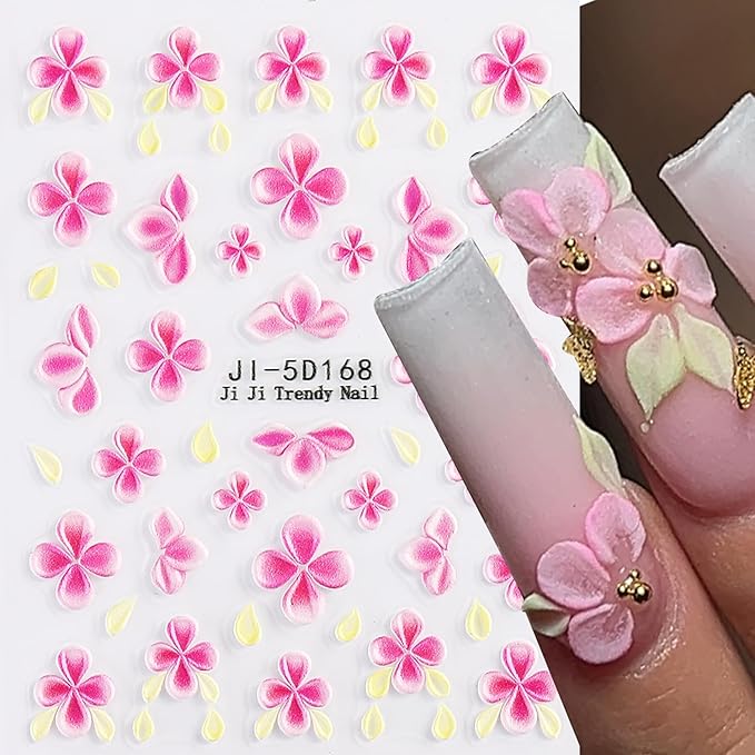 4 Sheets 5D Flower Nail Art Sticker Stereoscopic Floral Self-Adhesive Nails Stickers Blossom Nail Art Decals Holographic Flowers Decal for Women Pink Blue Red Manicure Stickers DIY Nails Supplies