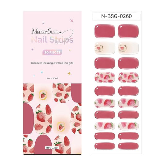 MelodySusie Pink Strawberry Semi Cured Gel Nail Strips, 20 PCS Gel Nail Stickers, UV Light Required, Durable & Salon Quality