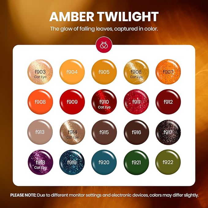 Beetles Winter Gel Nail Polish Colors Set - Amber Twilight 20 Colors 2025 Yellow Orange Red Cat Eye Brown Green Soak Off Uv Manicure Kit With Base Glossy Matte Top Coat Gift for Women