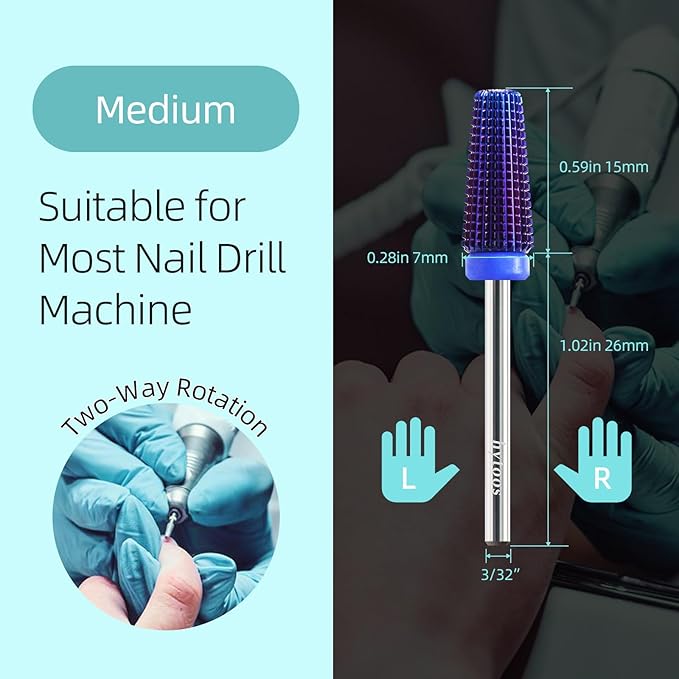 Purple 5 in 1 Nail Drill Bit, 15mm Tapered Carbide Nail Bits, Professional Straight Cut Drill Bits for Nails, 3/32" Two-way, Electric Manicure Gel Polish Acrylic Powder Removal Tool, Medium