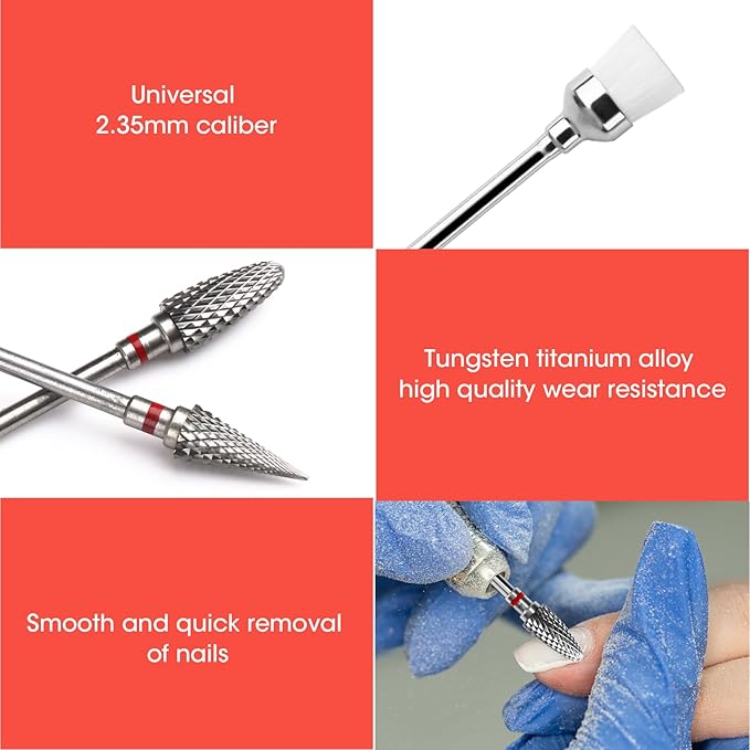3 Pack Professional Carbide Nail Drill Bits Set with Cleaning Brush, 3/32" 5 in 1 Tungsten Safety Cuticle Bits for Manicure Pedicure Gel Polish Removal (Fine Teeth, Round & Pointed Head)