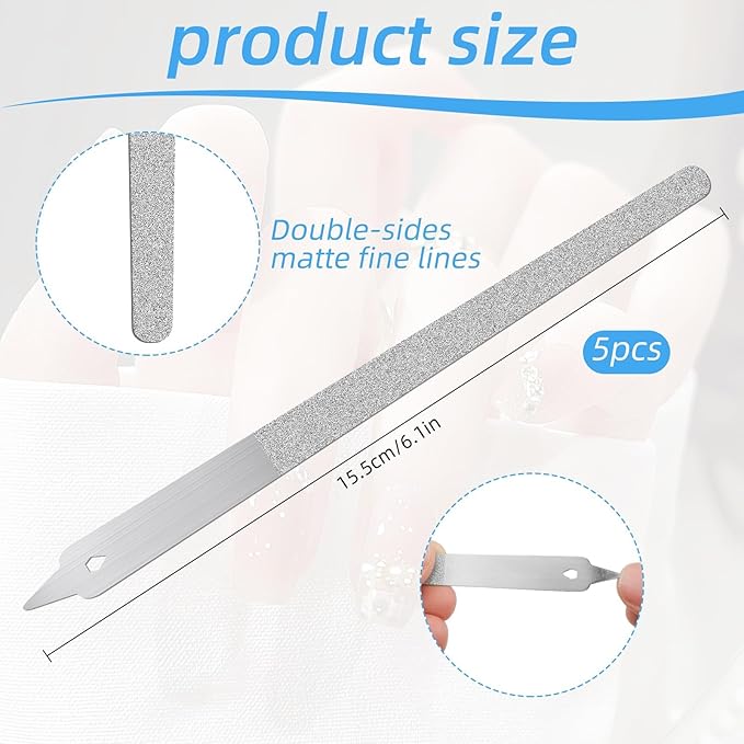 Diamond Dust Nail File, 5 Pcs Metal Nail File with Sharp Pointed Tip, Stainless Steel Nail Dresser Nail Buffering Files, Double Sided Nail File Fingernails Toenails Manicure Files for Salon and Home