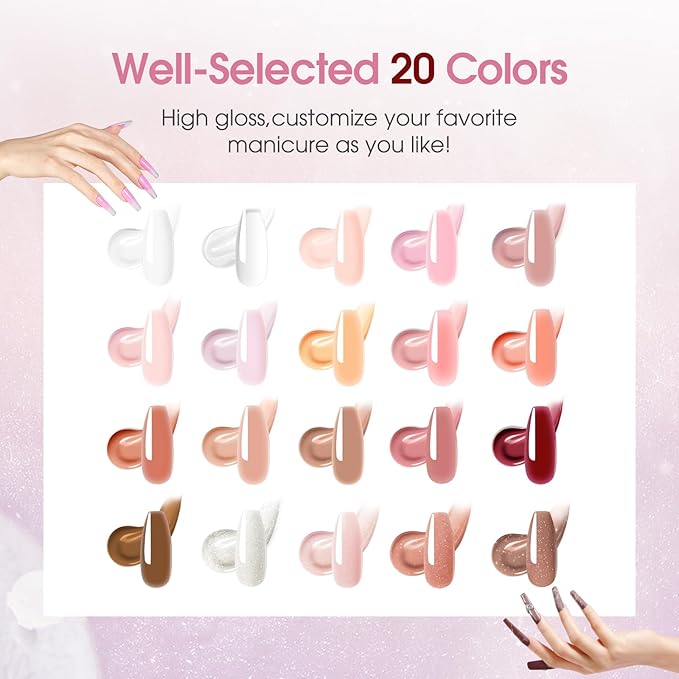 ROSALIND Light Pink Nude Poly Nail Gel Kit 0.34 oz/10 ml - 20 Colors White Brown Poly Extension Gel with Mini U V Lamp Builder Nail Gels Starter Kit with Nails Forms Base Coat Coat Beginners Set