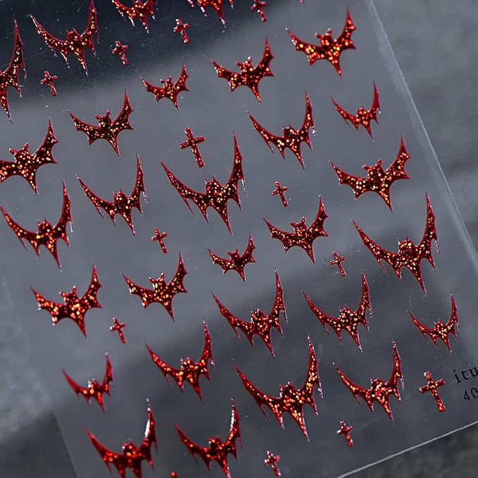 Halloween Nail Art Stickers Decals Red Glitter Bat Nail Stickers 3D Embossed Red Bling Bat Cross Gothic French Design Halloween Nail Decals Manicure Sliders for Women DIY Nail Art Decorations Supplies