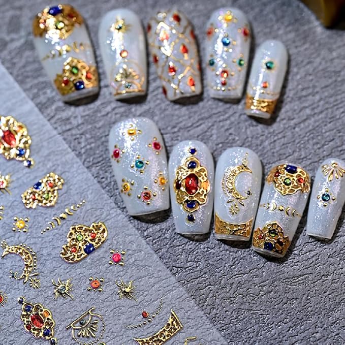 Gold Nail Stickers for Nail Art Self-Adhesive Bohemia Totem Vintage Luxury Nails Design 5D Nail Art Stickers Gold Colorful Diamond Nail Decals for Women Nail Supplies Accessories 1Sheets