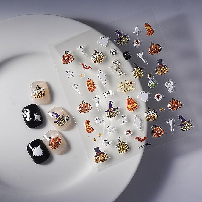 5D Embossed Halloween Nail Stickers Decals, Self-Adhesive Cute Ghost Pumpkin Nail Decals, Halloween Nail Art Stickers for Women Holiday DIY Manicure Decoration Accessories Supplies 1 Sheets