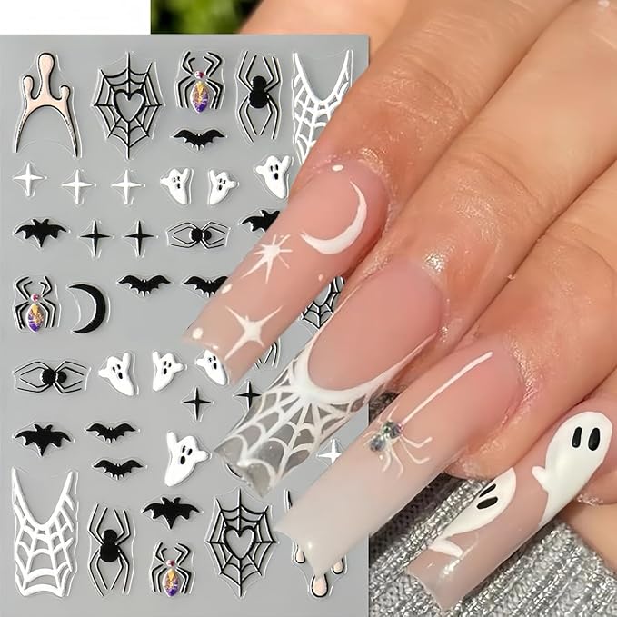 8 Sheet Halloween Nail Stickers Ghost Bat Spider Nail Decals 3D Self-Adhesive Spider Web Spooky Bat Spider Nail Art Stickers Design Gothic Nail Art Supplies for Holiday Acrylic DIY Nail Decoration