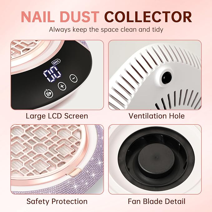 Cordless Nail Dust Collector,Portable Dust Collector Nail Tech with LED Display,Rechargeable Dust Suction Machine with Reusable Fillter for Acrylic Gel Polish,Salon & Home