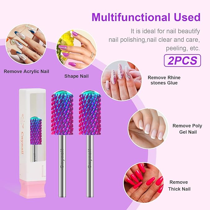 3/32" 2PCS Large Barrel Smooth Round Top Tungsten Carbide Nail Drill Bit Safety Bit for Gel & Acrylic Removal, 2-Way Rotating Efile Tip, Salon Electric File Accessory (XC Grit, Purple)