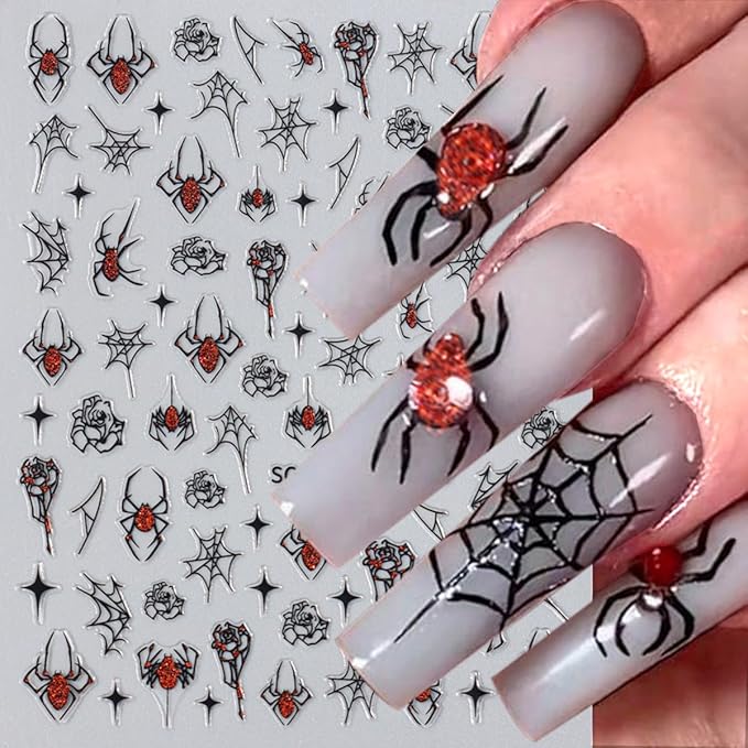 6Pcs Halloween Nail Art Stickers Decals Black Red Spider Nail Stickers with Rhinestones Design Heart Spider Web Nail Decals 3D Bat Blood Moon Star Horror Halloween Stickers for Women Manicure Supplies