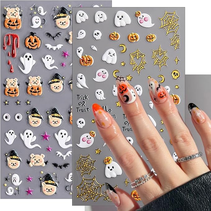 3 Sheets Halloween Nail Stickers for Nail Art, 5D Embossed Halloween Nail Art Stickers Cute Cat Ghost Nails Decals Self-Adhesive Gold Pumpkin Spider Web Nails Supplies for Women DIY Manicure Decor