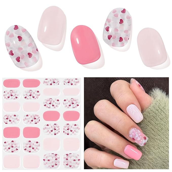 Semi Cured Gel Nail Strips, Love Heart | 28 pcs Gel Nail Strips Work with Any UV Lamp, Salon Quality UV Nails Stickers, Easy to Apply for Home Nails DIY