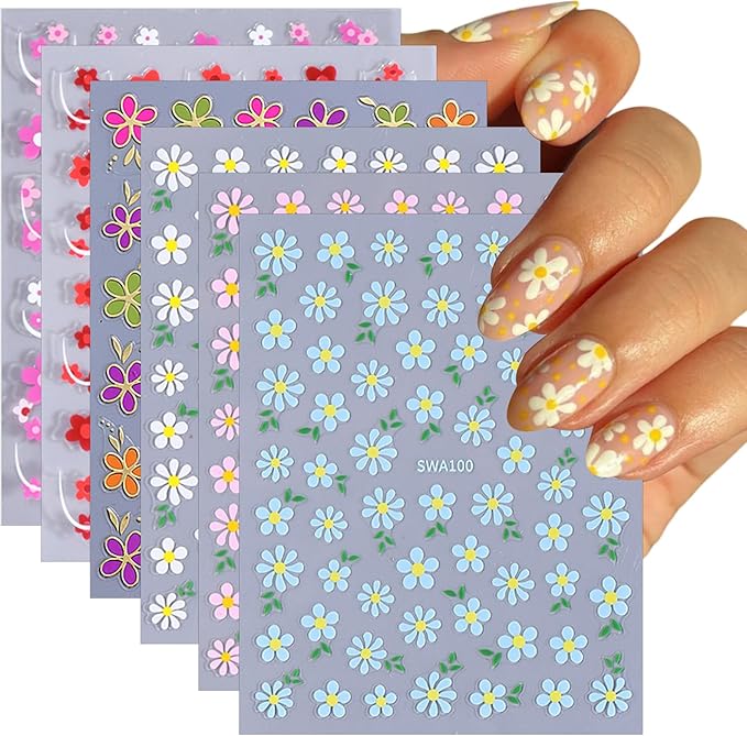 6 Sheets Flower Nail Stickers 3D Self-Adhesive Spring Floral Line Nail Decals for Acrylic Nails, Blue Pink White Flower Nail Art Stickers for Women DIY Nail Art Decoration Supplies