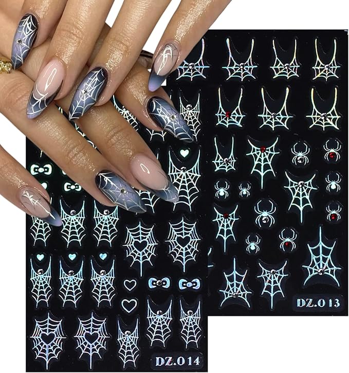5 Sheets 5D Embossed Halloween Nail Art Stickers Self-Adhesive French Tip Spider Web Nail Decals Laser Gold Silver Black Rhinestones Spider Nail Designs Stickers Holiday Nails Decoration for Women DIY