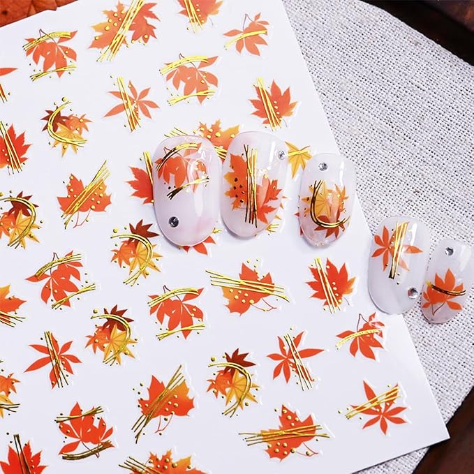 6 Sheets Fall Nail Art Stickers Autumn Maple Leaf Nail Stickers Thanksgiving Pumpkins Maple Leafs Nail Decorations Self-Adhesive 3D Gold Line Nail Design Sticker for Women DIY Manicure Supplies