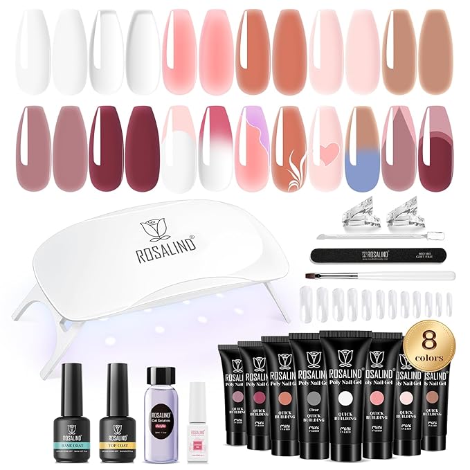 ROSALIND Poly Nail Gel Kit -8 Colors + White Brown Accessories Clear Nude Poly Nails Gel Starter Kit With Slip Solution Nude Pink Extensions Set with Mini UV Lamp