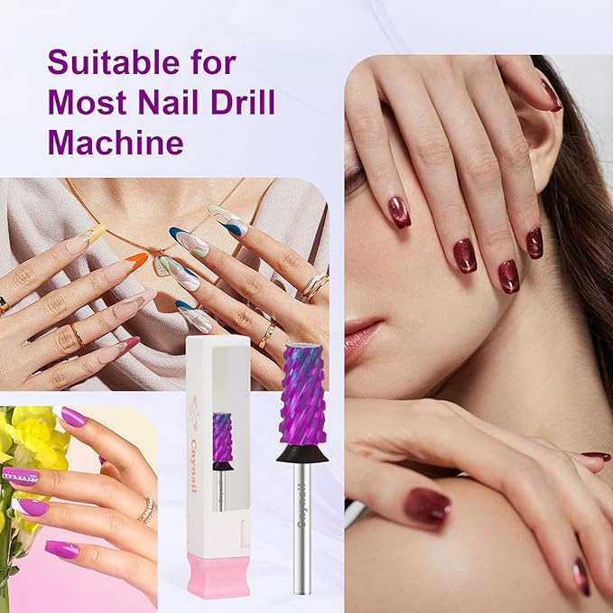 Cnynail 3/32" Large Tapered Barrel Flat Bit Tungsten Carbide Nail Drill Bit Safety Bit for Gel & Acrylic Removal, 2- Way Rotating Efile Tip, Salon Electric File Accessory (XC Girt, Purple)
