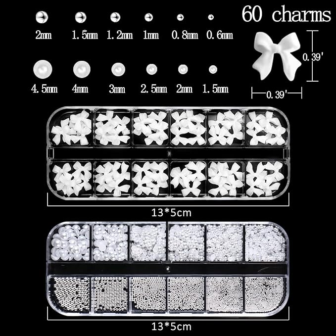 Bow Nail Art Charms with Rhinestones Glue Gel White Flatback Pearls Luxurious Nail Charms Supplies Accessories White Pearls Silver Steel Ball Nails Gems Jewelry for Women Nails Design