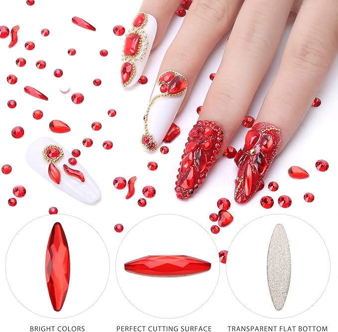 Nibiru 3830Pcs Red Multi Shapes Rhinestones Glass Diamonds Kit for Nail Art Jewels Decoration, Shiny Flatback Mix Size with Wax Pen