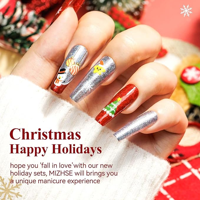 MIZHSE Quick Dry Nail Polish Set with Sticker, 6 Colors Red Green White Gold Sliver Sparkle Polish, Fast Drying Nail Polish Set Winter Manicure Christmas Gift for Women