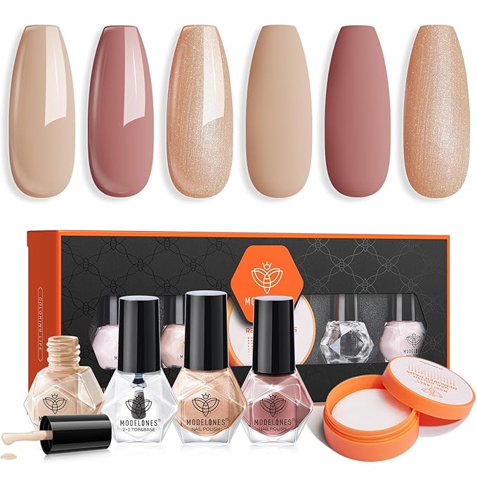 Modelones Nail Polish Set with Base & Top Coat and 42 Pcs Remover Pads, 3 Colors Champagne Glitter Quick Dry Nail Polish Mini Starter Kit Manicure DIY Nail Art Salon Home Gift For Women Girl