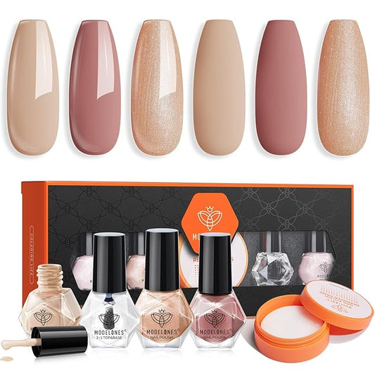 Modelones Nail Polish Set with Base & Top Coat and 42 Pcs Remover Pads, 3 Colors Champagne Glitter Quick Dry Nail Polish Mini Starter Kit Manicure DIY Nail Art Salon Home Gift For Women Girl
