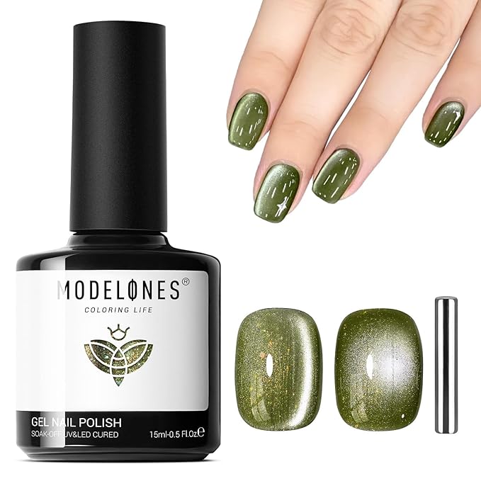 modelones Cat Eye Gel Nail Polish Glitter Green Polish with Magnet Sparkle Galaxy Series Nail Polish Soak Off Led Reflective Nail Art Gel Top Coat Manicure Salon DIY 15 ML