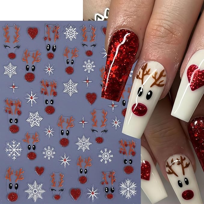 6 Sheets Christmas Glitter Elk Nail Art Stickers 3D Self-Adhesive White Snowflake Cute Reindeer Nail Design Red Pink Glitter Heart Nail Decor for Women Winter Xmas Holiday Manicure DIY Nail Supplies