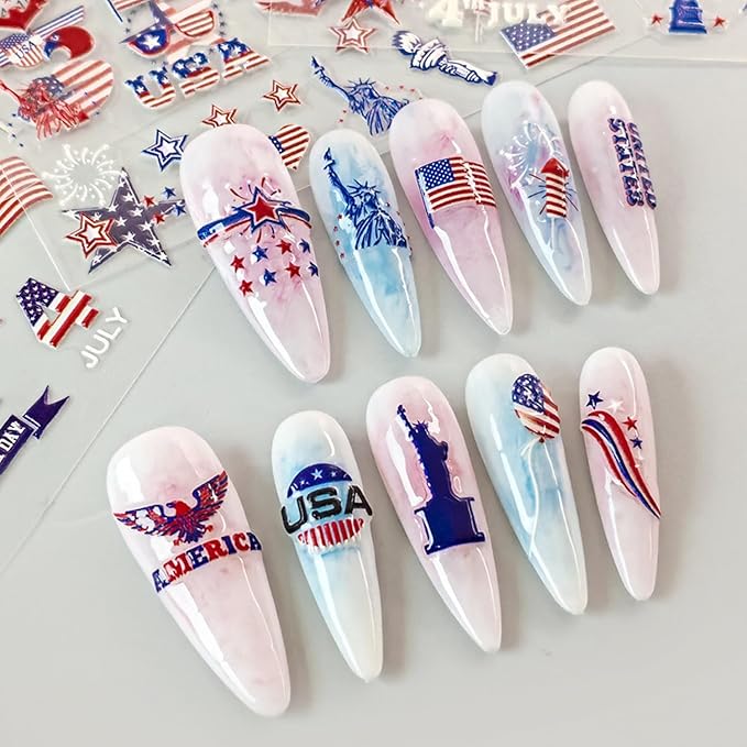 4th of July Nail Art Stickers Set 5D Embossed Red Blue USA Flag Nail Decals 4PCS Five-Pointed Star America UK Flags Design Independence Day Nail Adhesive Stickers for DIY Nail Art Decorations