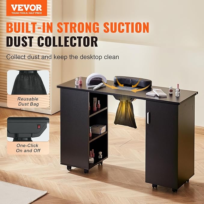 VEVOR Manicure Nail Table, Mobile Nail Station with Powerful Dust Collector, MDF Nail Tech Desk with 8 Lockable Wheels, 3 Dust Bag & Wrist Rest, Nail Art Workstation for Home Spa Beauty Salon