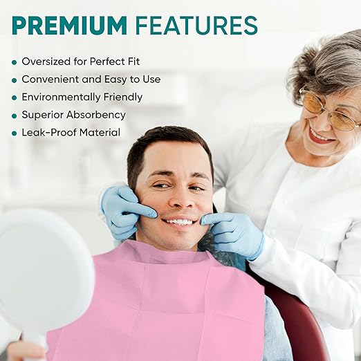 Amira Beauty Disposable Dental Bibs 13" x 18" – 3-Ply, Soft, Tear-Resistant, Waterproof Bibs for Dental, Nail, and Salon Professionals, Tattoo Napkins for Piercing, Pink, Pack of 50