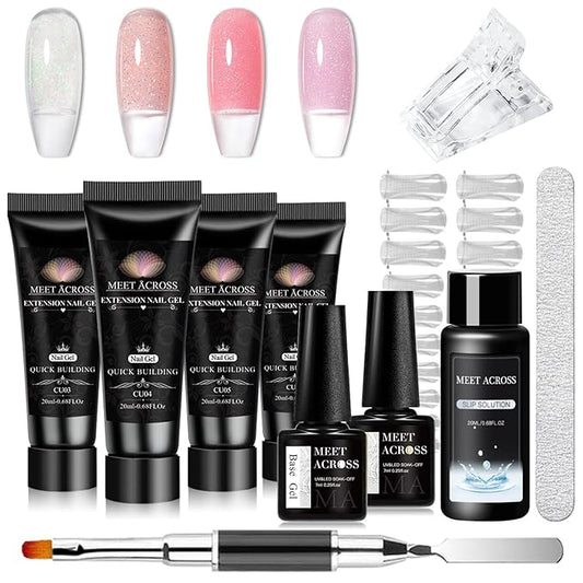 MEET ACROSS Poly Nail Gel 10Pcs Nail Extension Gel Set and Nail Extension Starter Kit for Beginners Nail Art DIY Home Gifts for Women (Glitter, 12pcs)