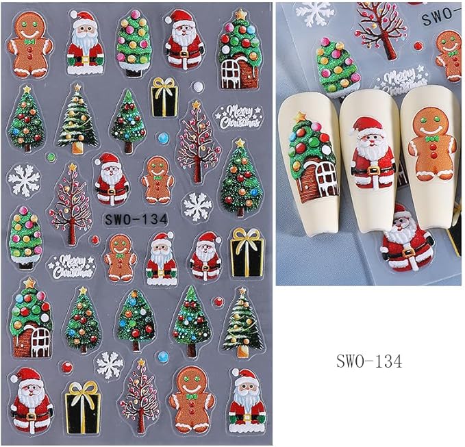 2Pcs Christmas Nail Stickers Christmas Tree Decals for Nail Art Bow Nail Design 5D Embossed Father Christmas Lamp Strip Nails Art Supplies Snowman Pine Tree Nails Accessories for Women DIY Decoration