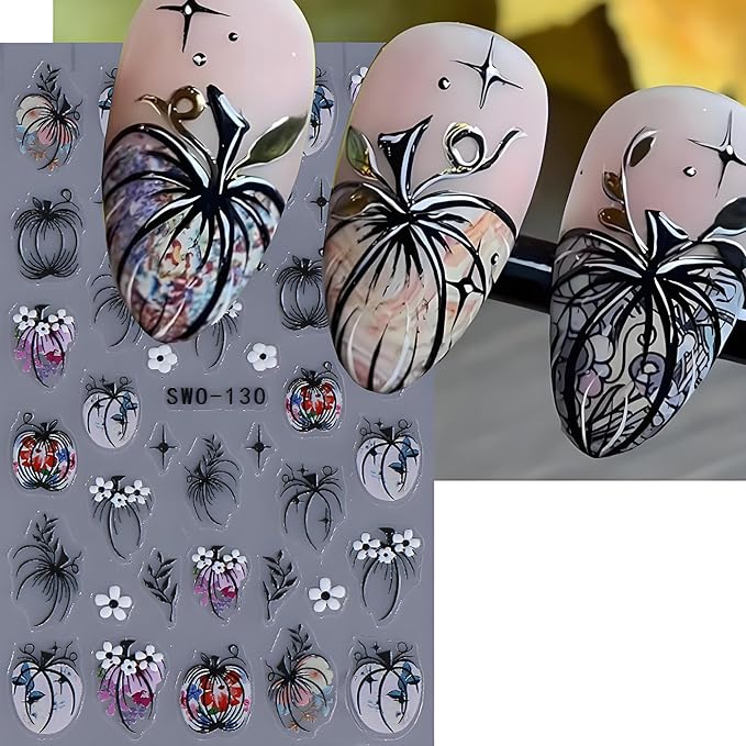 Halloween Nail Art Stickers, Halloween Pumpkin Nail Decals 3D Embossed with Grass Flowers Star Design 2PCS Pumpkin Nail Art Supplies for Women Decoration