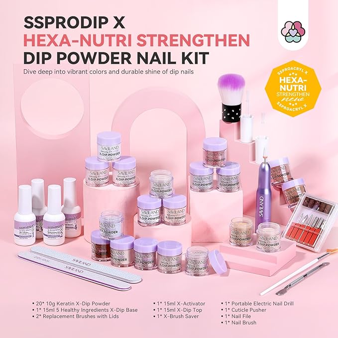 SAVILAND Dip Powder Nail Kit with Drill: 20 Colors All Season Nude Pink Keratin Dip Nails Powder Starter Kit with Dip Base Activator Top Coat Brush Saver for French Nail Art Manicure Home DIY