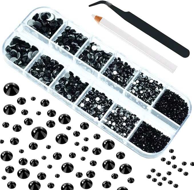 4010pcs Nail Art Rhinestones Black Flatback Rhinestones Nail Charms 6 Sizes (1.6-6.1 mm) Up to SS30 Glass Nail Stones Gems Jewels w Picking Pen, Tweezer for Manicure DIY Craft Eyes Face Makeup