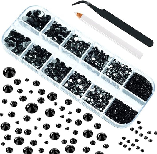 4010pcs Nail Art Rhinestones Black Flatback Rhinestones Nail Charms 6 Sizes (1.6-6.1 mm) Up to SS30 Glass Nail Stones Gems Jewels w Picking Pen, Tweezer for Manicure DIY Craft Eyes Face Makeup