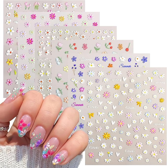 6 Sheets Flower Nail Art Stickers Colour Daisy Nail Decals 5D Embossed Pink White Floral Nail Design Stickers Spring Nail Decor Self-Adhesive Design Flower Acrylic Nail Art Supplies for Women